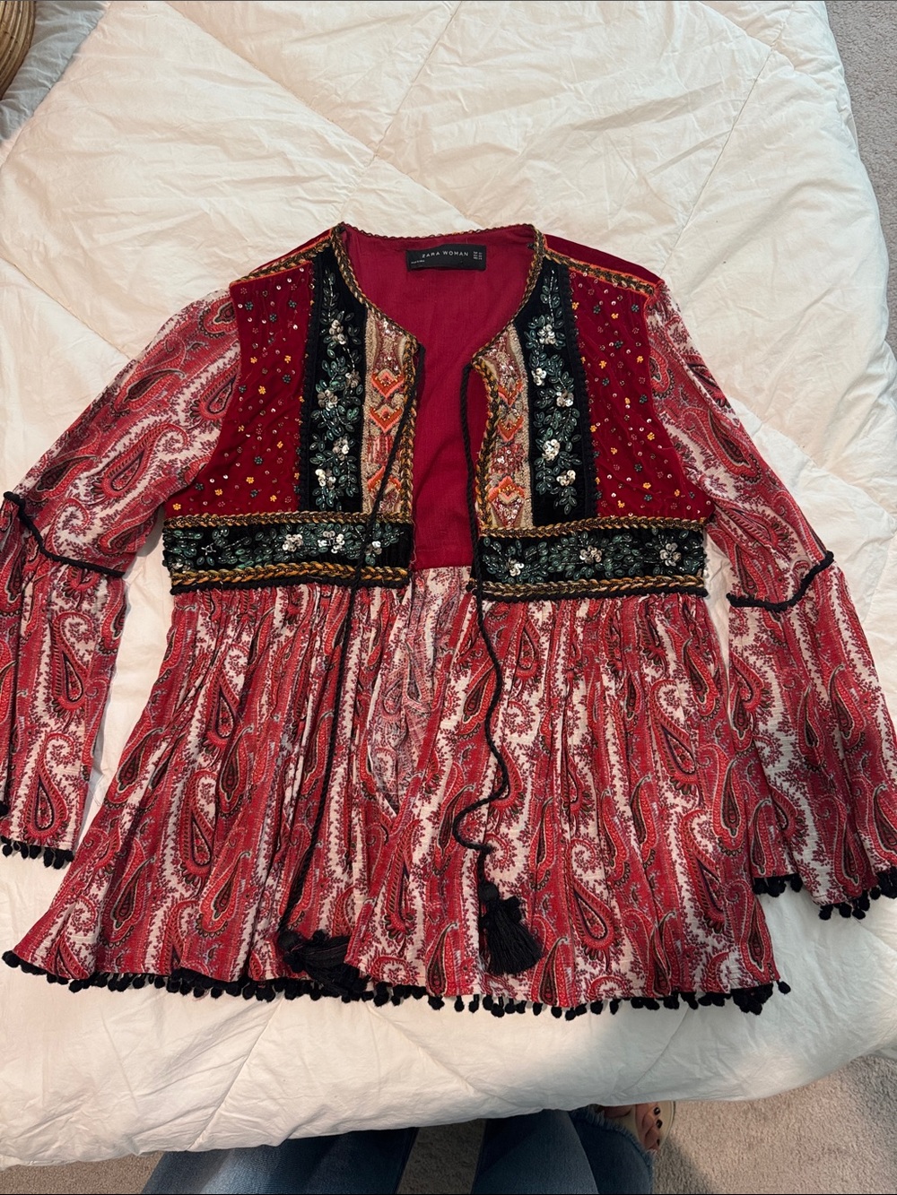 Zara Red Paisley Embellished Boho Tunic with Black Trim